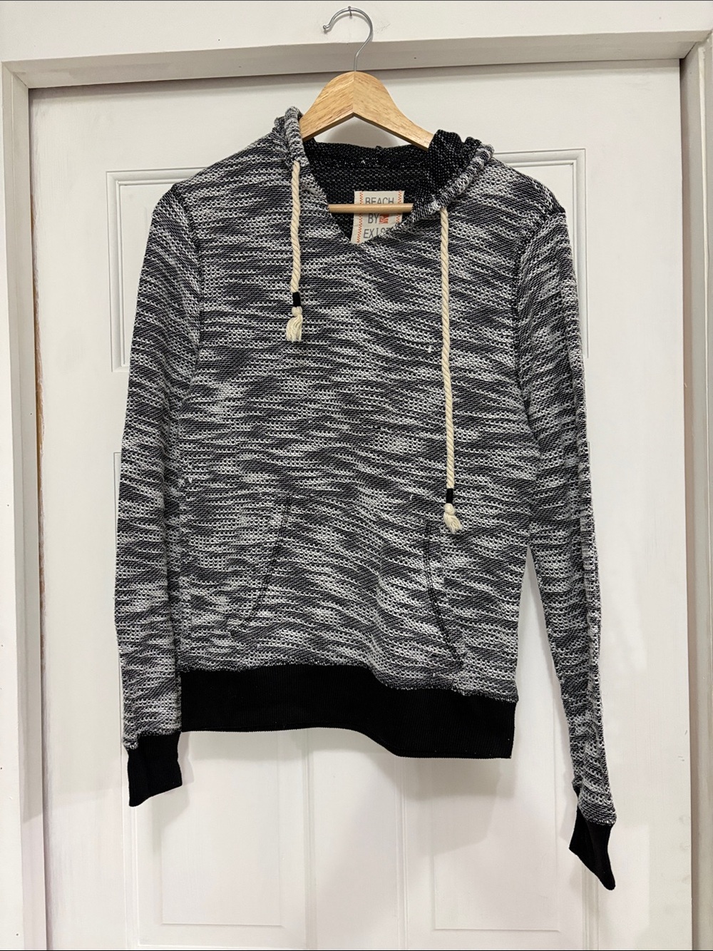 Exist Black & Gray Marled Knit Hoodie with Cream Drawcords